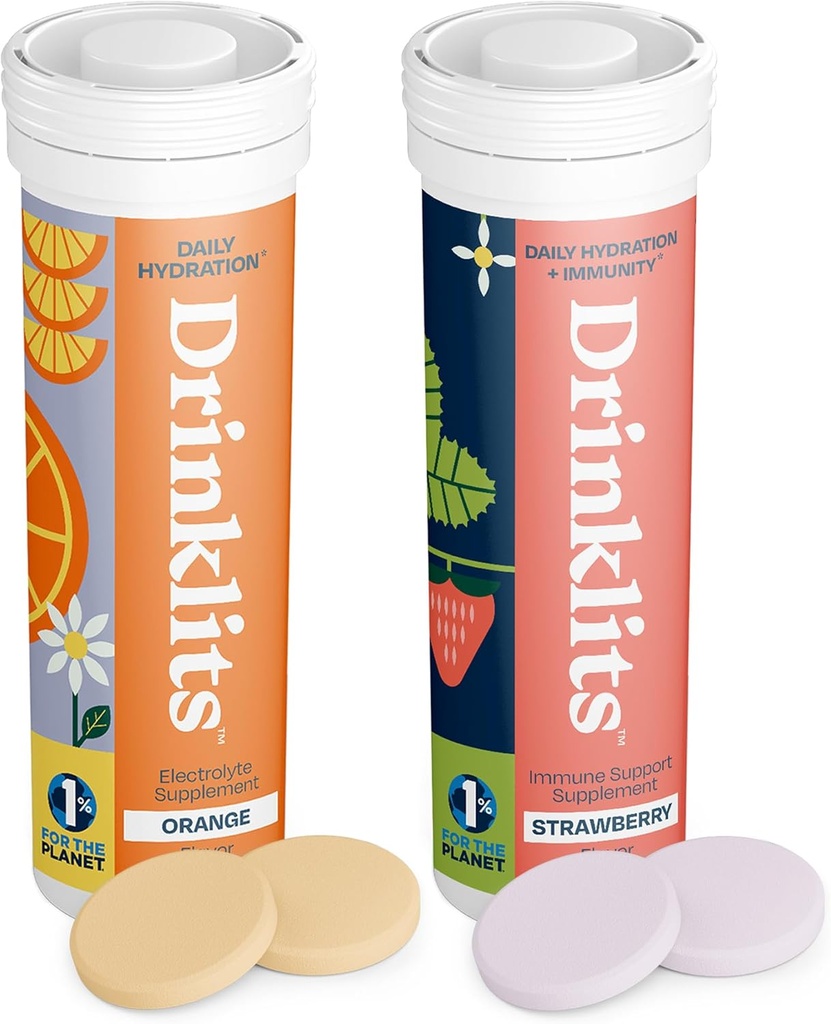 Drinklits Orange Daily Hydration Tablets + Strawberry Immunity Tablets (2) Tube Pack- 124; Essential Electrolytes - Great Taste - immunsupport- 124; 20 Servering (10 tabletter Per Tube)