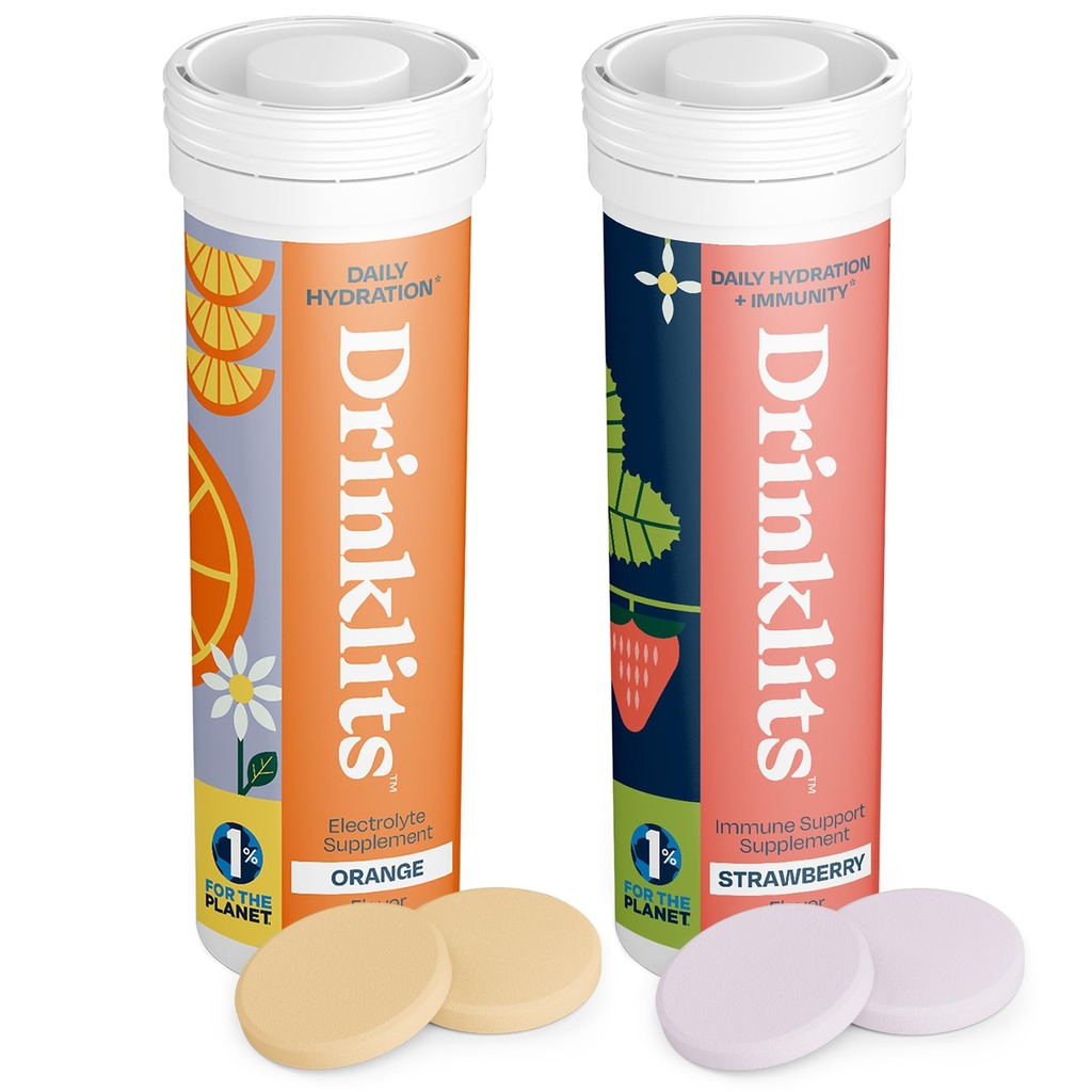 Drinklits Orange Daily Hydration Tablets + Strawberry Immunity Tablets (2) Tube Pack- 124; Essential Electrolytes - Great Taste - immunsupport- 124; 20 Servering (10 tabletter Per Tube)