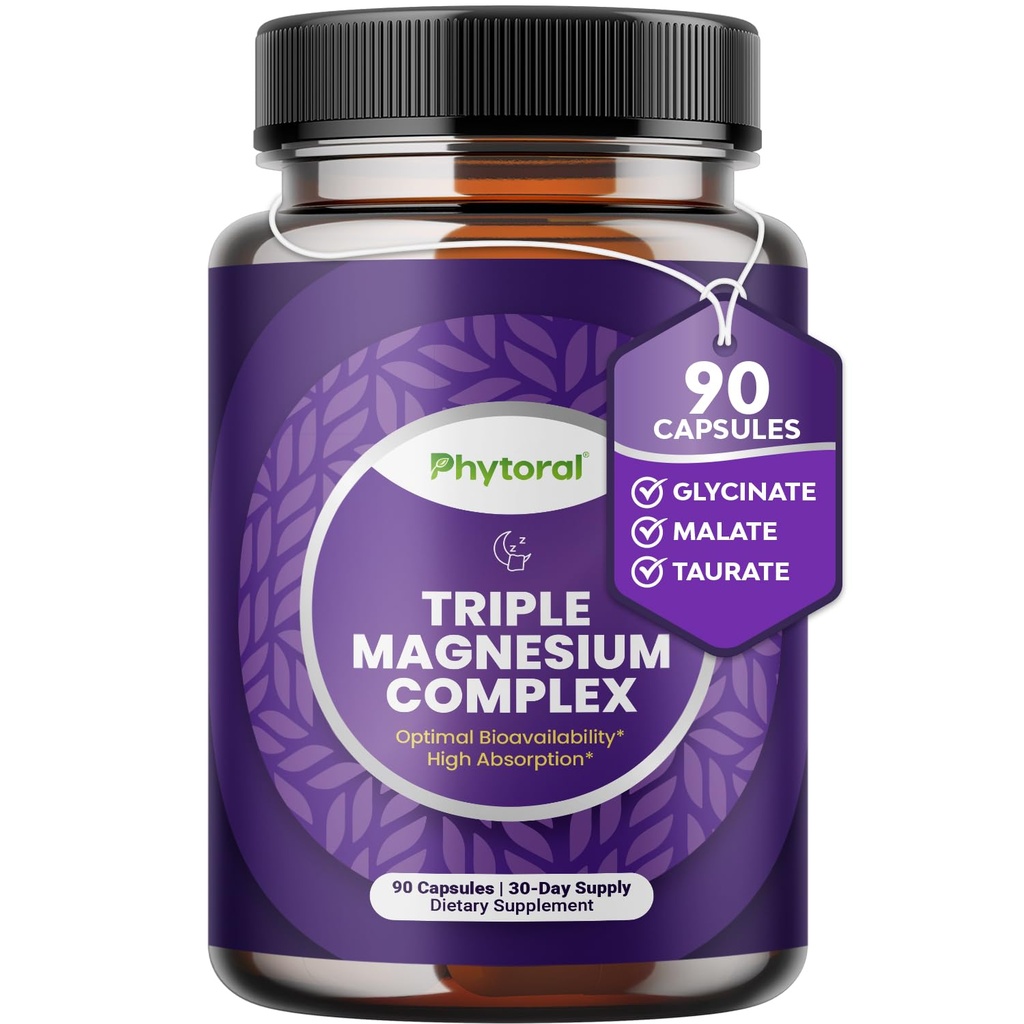 Highly Potent Magnesium Complex Capsules - Triple Magnesium Blend with Taurate Glycinate and Malate - 400mg Supplement Supports Relaxation & Overall Wellness Non-GMO Vegan - 90 Count