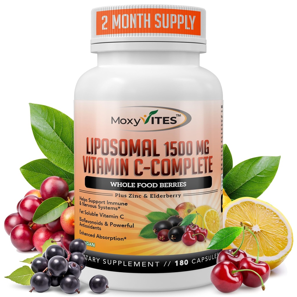 Liposomal C-vitamin med Zink kapsler - Vit C Økologisk Hyldebær, Amla, Camu Camu- Vitamina C Høj Absorption, Anti Aging, Immun Support, 1500mg / Servering 3 Måned Supply Gluten Free Non GMO Veggie Caps