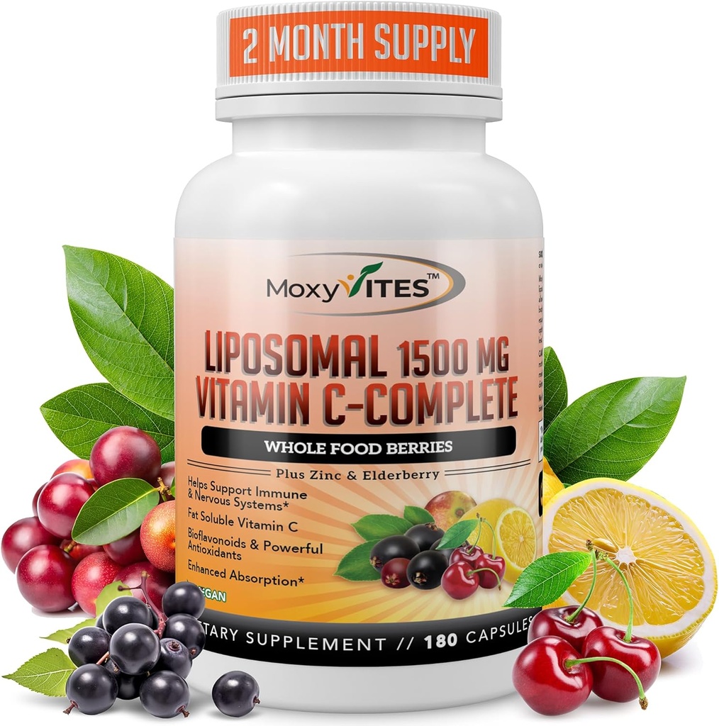 Liposomal C-vitamin med Zink kapsler - Vit C Økologisk Hyldebær, Amla, Camu Camu- Vitamina C Høj Absorption, Anti Aging, Immun Support, 1500mg / Servering 3 Måned Supply Gluten Free Non GMO Veggie Caps