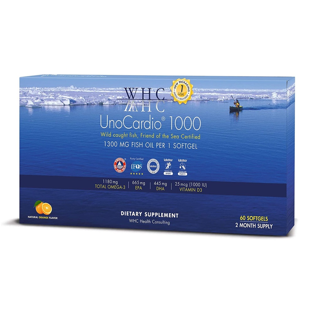 WHC, UnoCardio 1000 Fish Oil, 1300 mg Pure Triglycerid Fish Oil med Omega-3 (1180 mg), 665 mg EPA og 445 mg DHA og 25 mcg (1000 IE) D3- vitamin pr. bløddel, Natural Orange, 60 bløddele