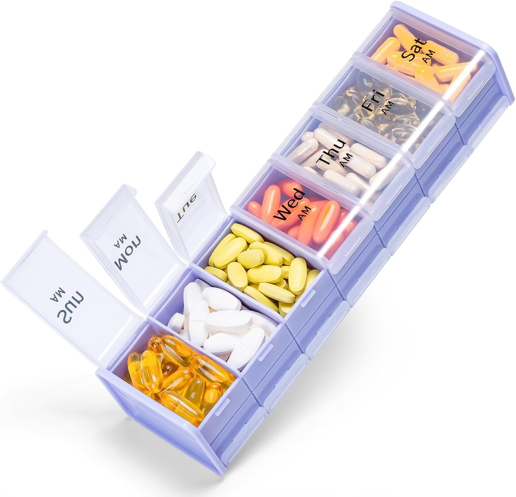 Ekstra stor ugentlig pilleorganizer 2 gange om dagen - Betife 7 dag pilleboks, AM PM pillekasse med dobbelt lag Jumbo Segment for piller, Vitamin, fiskeolie, Kosttilskud (Puple / White)