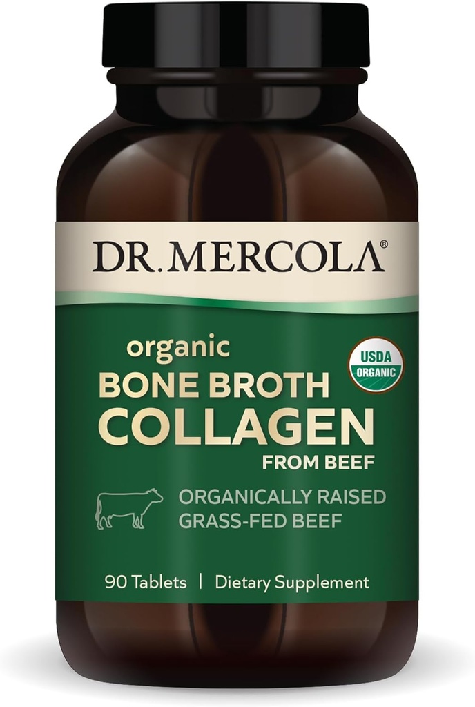 Dr. Mercola Organic Bone Broth Collagen, 30 Servering (90 tabletter), Organisk hævet grass- Fed Oksekød, Kosttilskud, Understøtter Bone og fælles komfort, USDA Organic, Non- GMO