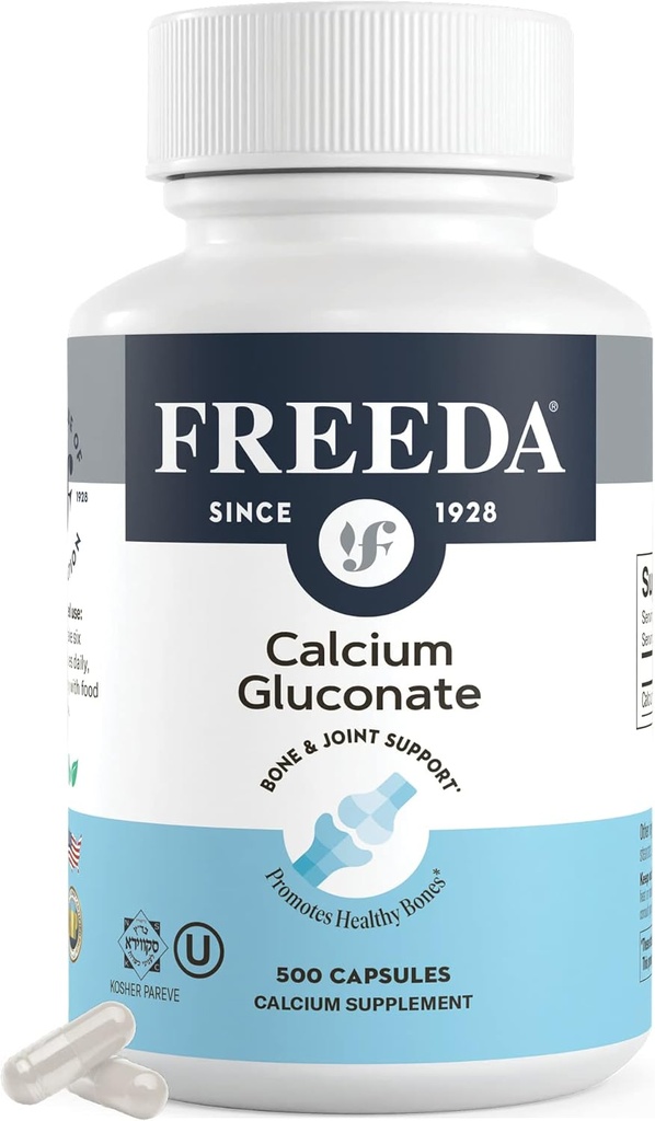 Freeda Calcium Gluconate - Kosher Vegan Calcium Supplement - Nem at Digest & Absorb - Understøtter Bone Styrke - Pure Calcium uden D-vitamin - (500 kapsler)