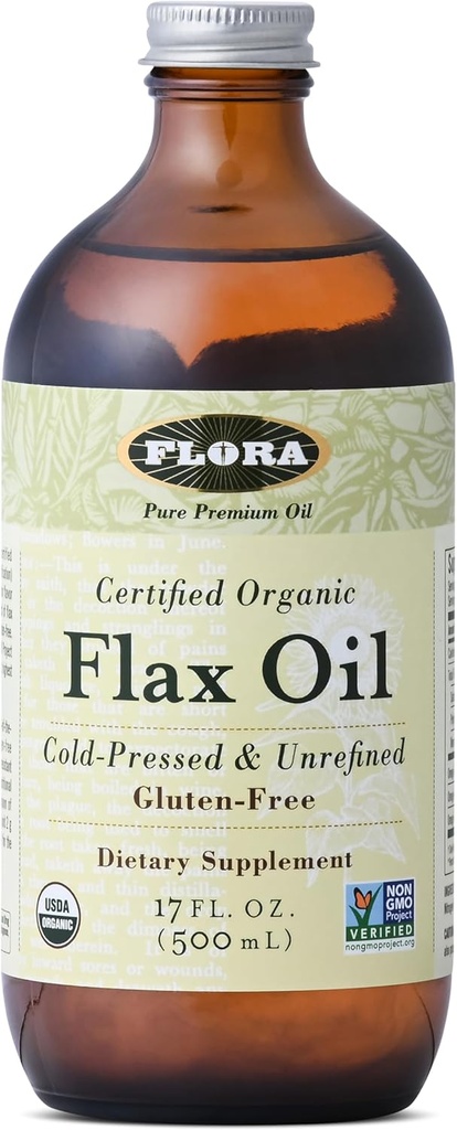 Flora - Hør Olie - Cold- Presset, Uraffineret, Økologisk Hør Seed Oil - Indeholder Omega-3 & Omega- 6 - Non- GMO & Gluten- Free - Hold nedkølet - 17 fl. oz. Amber Glass Flaske