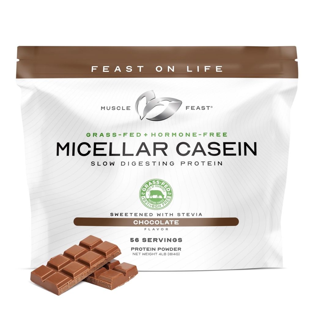 Muskel Feast Græs Fed Micellar Casein Protein Powder, Pastur Raised & Hormone Free, Slow Digesting Casein Protein - Understøtter Overnight Muscle Recovery, Gluten Free Protein Powder - Chokolade, 4lb