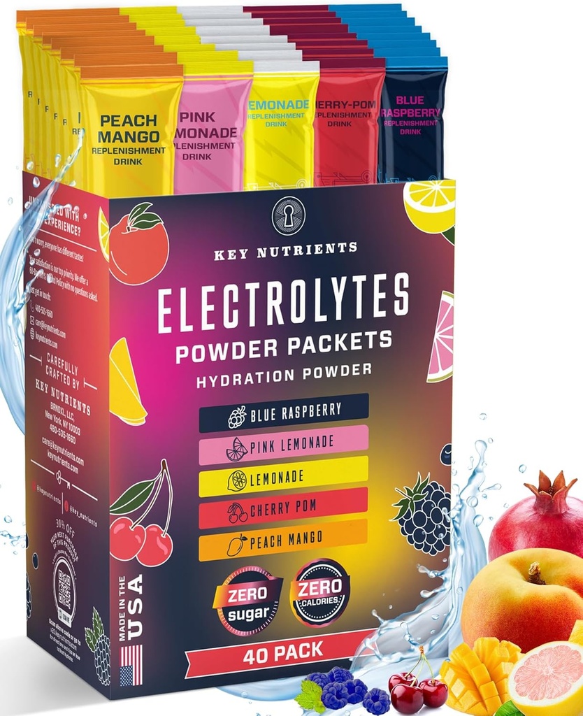 KEY NETRIENSER 40 Pack Multivitamin Hydration Pakninger - 5 lækre flavors - Elektrolytter Pulver Pakninger Ingen sukker - Ingen kalorier, Gluten Free, Keto - 40 Servering - Made in USA