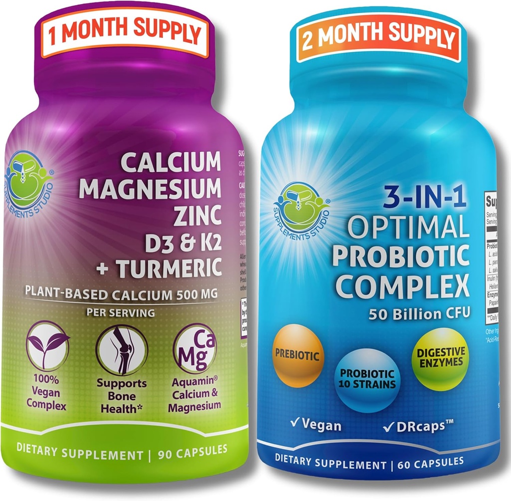 Bone Health & Gut Support Bundle - 3-in-1 Probiotisk 50 Millioner CFU, Prebiotiske og fordøjelsesmæssige enzymer + Plantbased Calcium, Magnesium, Zink, D3, K2 & Organic Gurkemeje - Vegan, Non- GMO, Clean Label