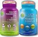 Bone Health & Gut Support Bundle - 3-in-1 Probiotisk 50 Millioner CFU, Prebiotiske og fordøjelsesmæssige enzymer + Plantbased Calcium, Magnesium, Zink, D3, K2 & Organic Gurkemeje - Vegan, Non- GMO, Clean Label