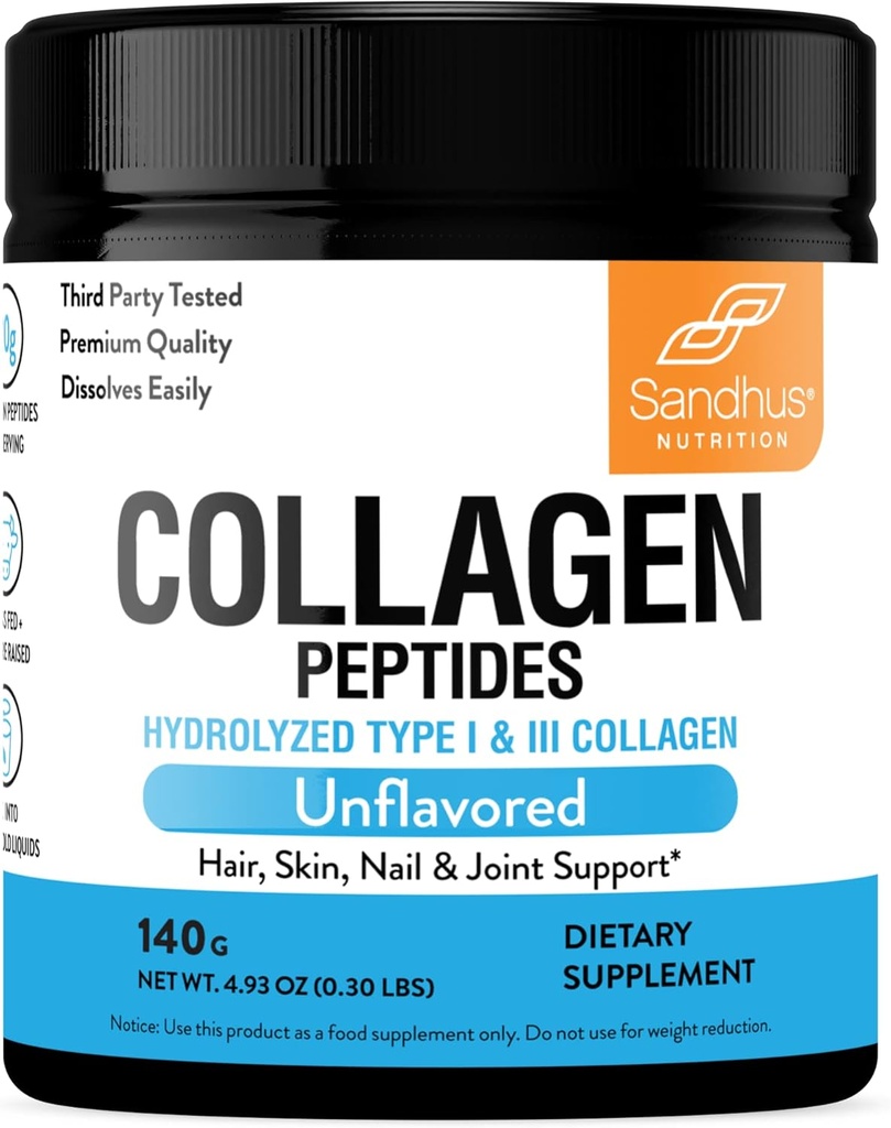 Sandhu 's Collagen Peptider Pulver Budd124; 4,9 oz Unflavored Budd124; Grass- Fed Hydrolyzed Bovin Collagen Budd124; Understøtter Youth Skin, Hår, Nails, Mobility & Fleksibilitet