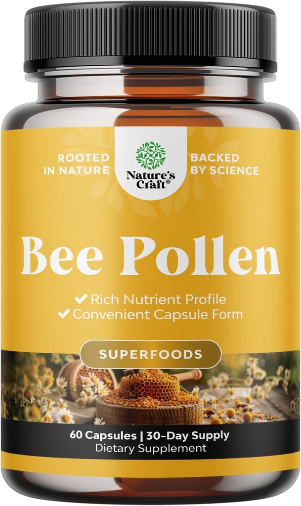 Bee Pollen Pills for Breast Growth 60 Ct - Bee Pollen Supplement 1000mg Serving with Naturally Occurring B Vitamins Minerals & Enzymes - Breast Support Supplement - Vegetarian Non-GMO & Gluten Free