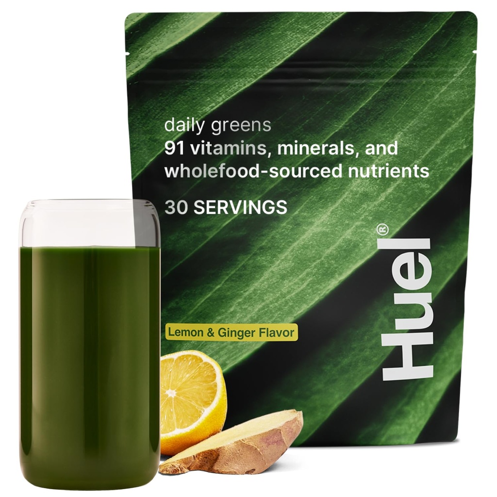 Huel Daily Green Lemon & Gingefær 124; Superfood Green Powder ttesmå 124; 91 Vitamin, mineraler, og Wholefood- Sourced Ingredients ttesmå 124; Adaptogens, Antioxidanter, Gut- Friendly Probiotics