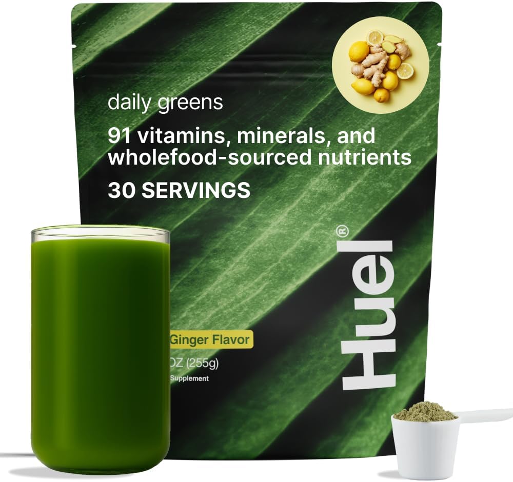 Huel Daily Green Lemon & Gingefær 124; Superfood Green Powder ttesmå 124; 91 Vitamin, mineraler, og Wholefood- Sourced Ingredients ttesmå 124; Adaptogens, Antioxidanter, Gut- Friendly Probiotics