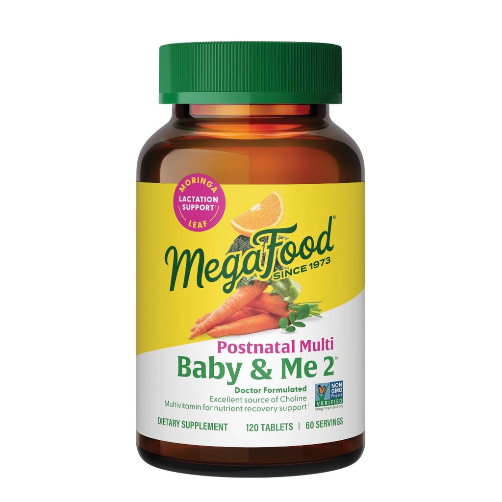 MegaFood Baby & Me 2 Postnatale vitaminer til kvinder Amning med folat (Folinsyre naturlige form), Cholin, jod, D-vitamin, Moringa Leaf og mere - 120 Tabs (60 Servere)