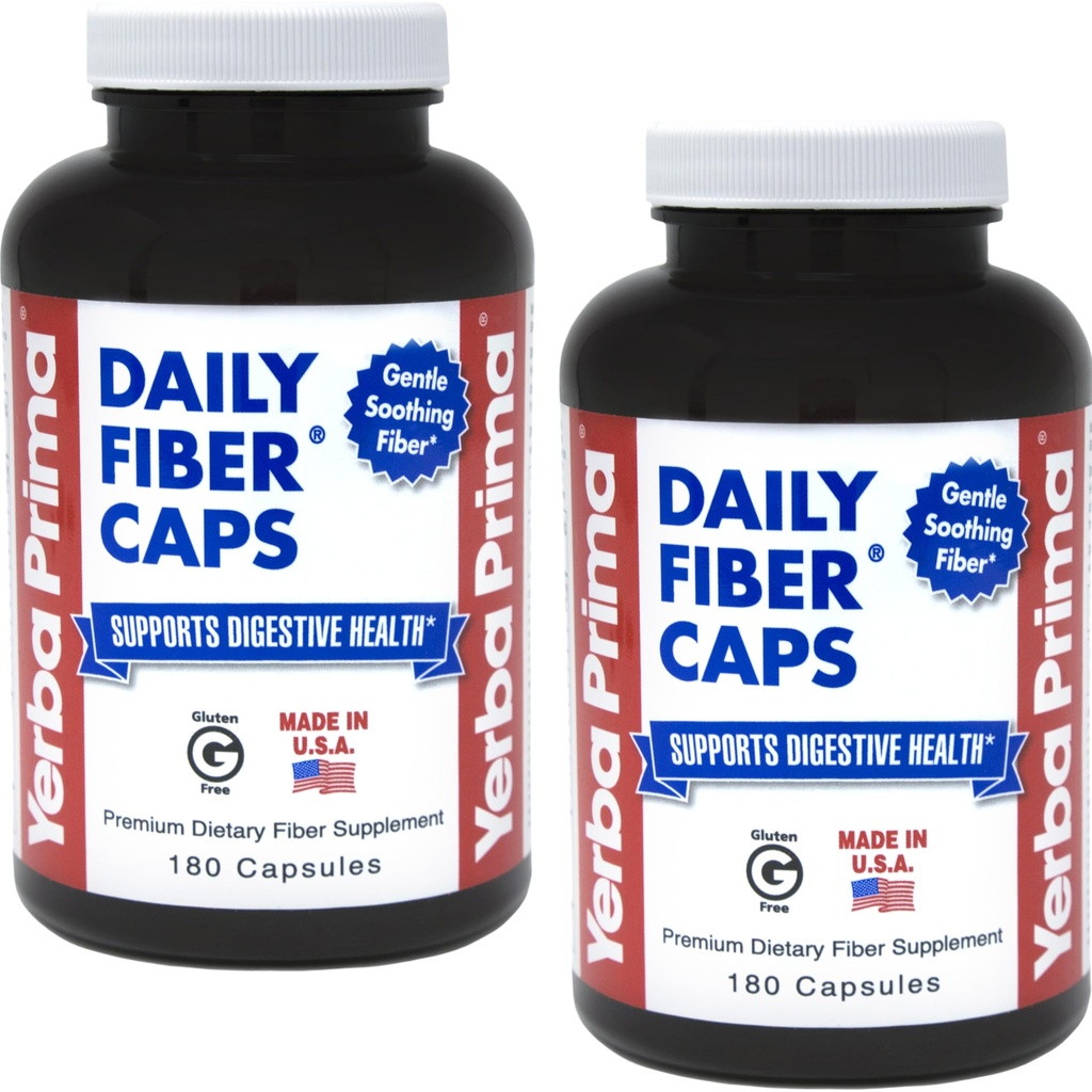 Yerba Prima Daily Fiber Formel - 180 caps (Pack of 2) - Opløselig & Uopløselig Dietary Fiber Supplement - Colon Cleanse - Gut Health - Vegan, Non- GMO, Gluten- fri