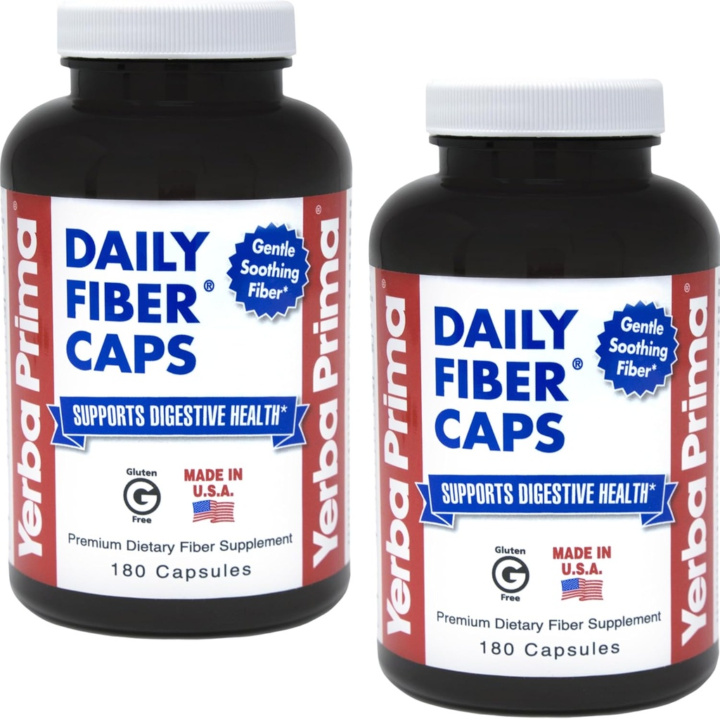 Yerba Prima Daily Fiber Formula - 180 caps (Pack of 2) - Soluble & Insoluble Dietary Fiber Supplement - Colon Cleanse - Gut Health - Vegan, Non-GMO, Gluten-Free