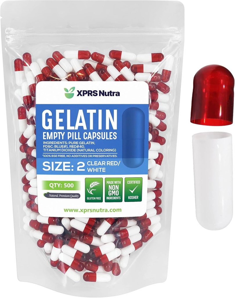 XPRS Nutra Størrelse 2 Tomme kapsler - 500 Tomme Gelatine kapsler - Piller gør det - Pure Bovin Pill Gel Caps til Do- It- Yourself Kosttilskud (Clear Red / White)