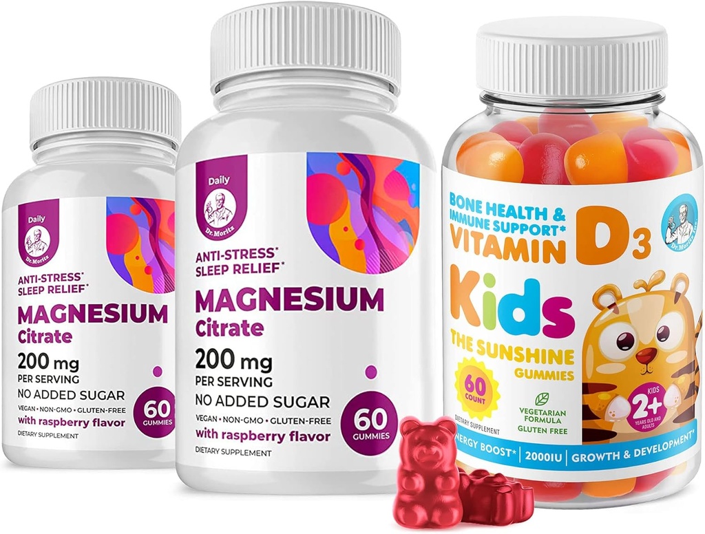 D-vitamin Gummies til børn og voksne 2000 IE og Magnesium Gummies - sunde vitamin D3 Kosttilskud 1000IE - Vegetarisk Gelatin- fri immunforsvar med sukkerfri Magnesium Calm Chews til børn og voksne