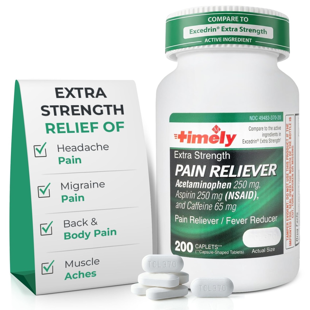 TIME-CAP LABS, INC. Timely Extra Strength Heache Relief - Acetaminophen med Aspirin & Koffein (200 Caplets) - Hovedpine, Migræne & Ryg og Body Pain & Muscle Aches - Extra Strength - Made in USA
