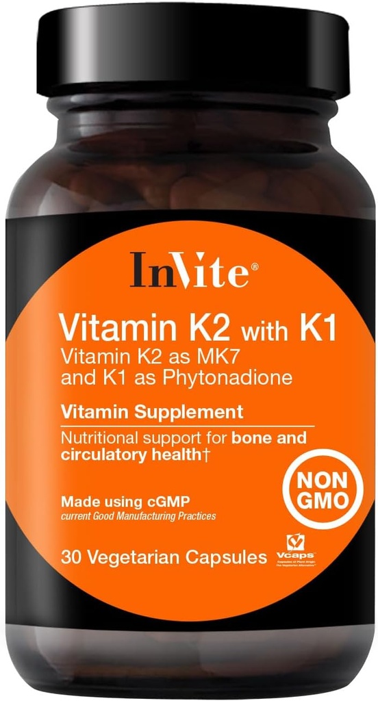 Inviter Health Vitamin K2 med K1 - Understøtter Bone og Circulatory Health - Vitamin K2 som MK7 og K1 og Phytonadione - 30 Vegetariske kapsler