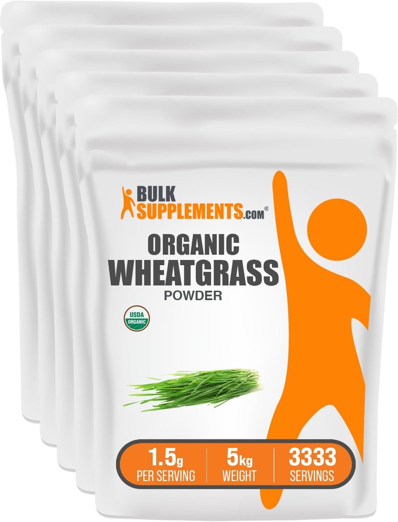 BulkSupplements.com Organic Wheatgrass Powder - Organic Super Green Powder, Superfoods Supplement - Vegan & Gluten Free, 1,5 g per Serving, 1kg (2,2 lbs) (Pack of 5)