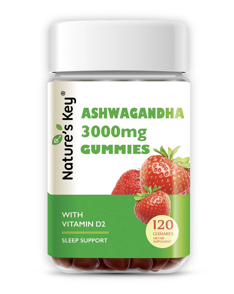 Nature 's Key Ashwagandha Gummies, High Potence Ashwagandha Root Extract med vitamin D2, for mænd & kvinder, Stress, Calm Mood & Cognition, Strawberry Flavor (120 Greve (pakke med 1)