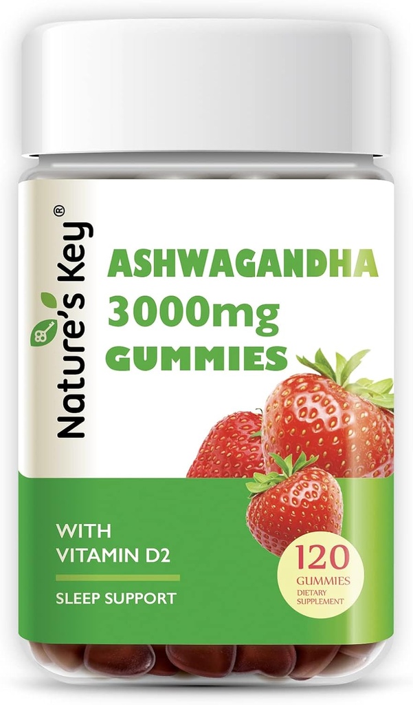 Nature 's Key Ashwagandha Gummies, High Potence Ashwagandha Root Extract med vitamin D2, for mænd & kvinder, Stress, Calm Mood & Cognition, Strawberry Flavor (120 Greve (pakke med 1)