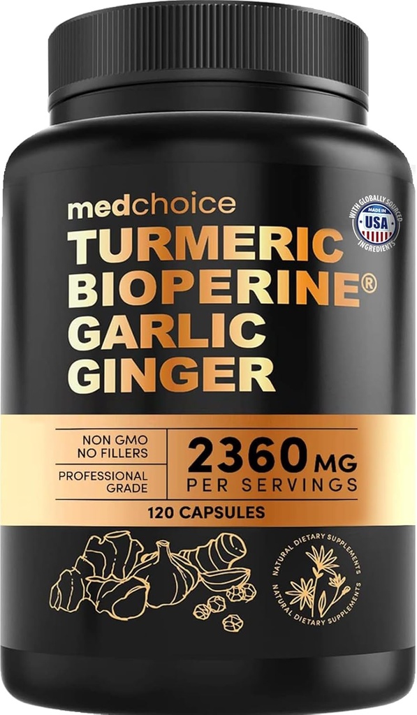 4-in-1 Gurkemeje og hvidløg Kosttilskud med BioPerine - 2360mg Gurkemeje Ingefær Root Kapsler med hvidløg - Høj potens Herbal Blend (120 ct)