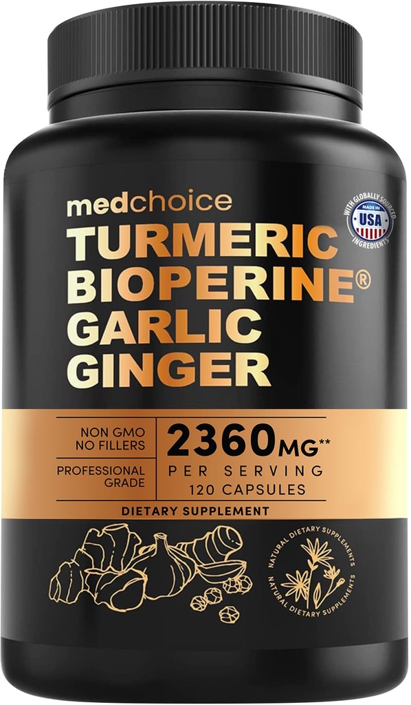 4-in-1 Gurkemeje og hvidløg Kosttilskud med BioPerine - 2360mg Gurkemeje Ingefær Root Kapsler med hvidløg - Høj potens Herbal Blend (120 ct)