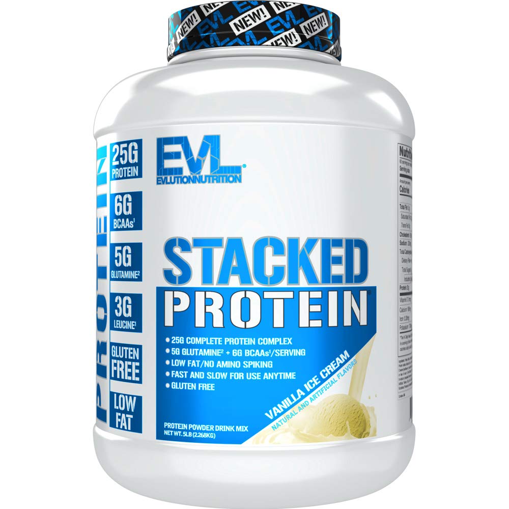 Evolution Nutrition Stacked Protein Protein Powder med 25 grams protein, 6 grams BCAA og 5g glutamin (Vanilla Ice, 5 LB)