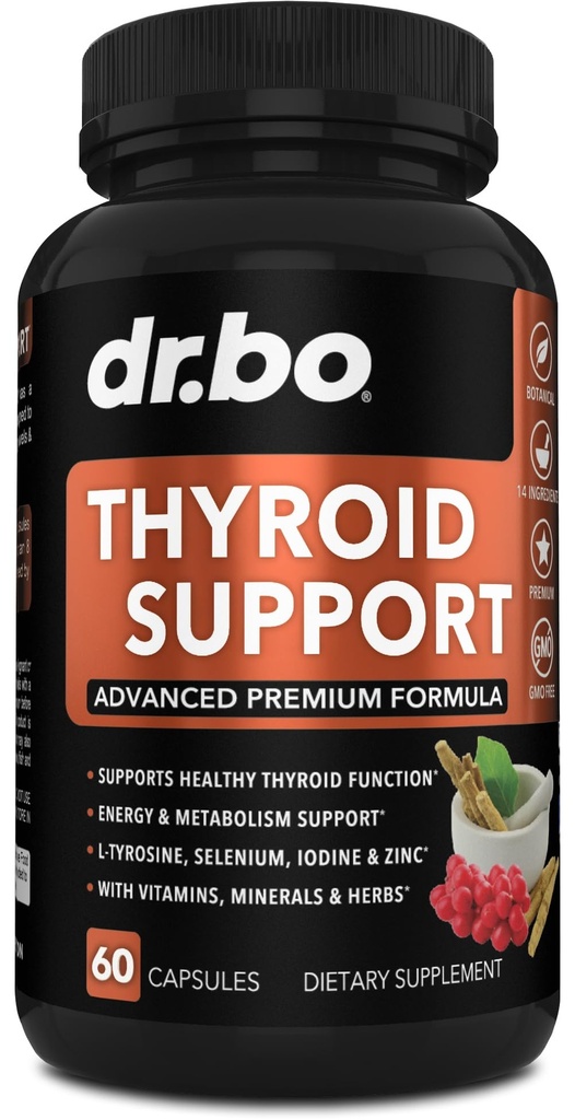 Thyroid Support til kvinder & mænd Supplement - Natural Metabolisme, Mood & Energy Enhancer med L- Tyrosine Selenium Jod Zink Bladerwrack Kelp & Ashwagandha Thyroid Supplement Complex vitamin 60 piller