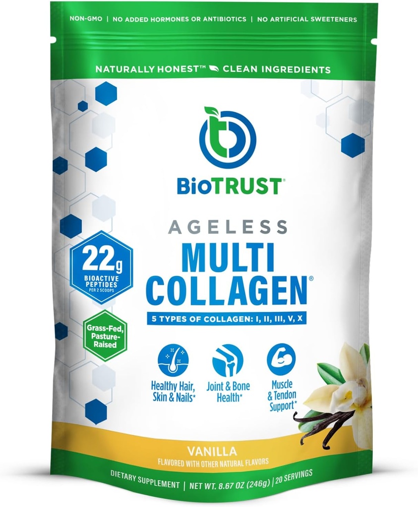 BioTrust Agueless Multi Collagen Peptider Powder - 5 typer (I, II, III, V, X) - Vanilla Collagen Powder til kvinder & mænd - Hydrolyzed Protein - Græs Fed Oksekød, fisk, kylling, Eggshell Membrane