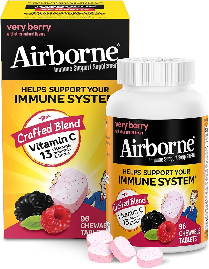 Airborne 1000mg C-vitamin tyggetabletter med zink, immunsupporttillæg med stærke antioxidanter Vitamin A C & E - 96 tyggetabletter, meget berry flavor
