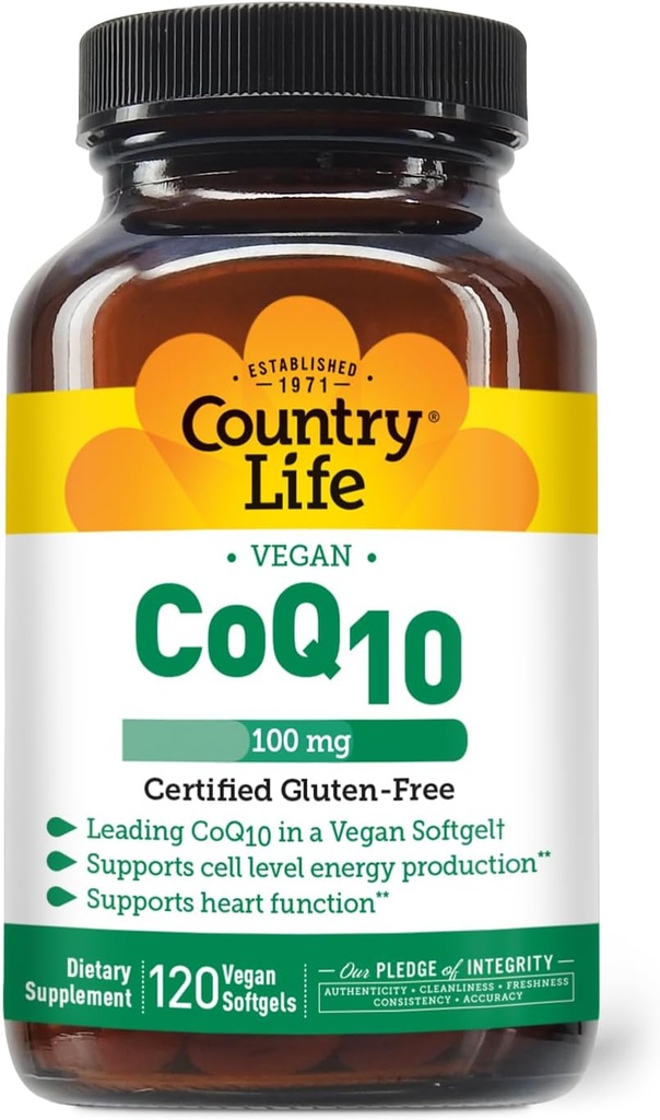 Country Life Simply CoQ10, Understøtter hjerte funktion, 100mg, 120 Softels, Certified Gluten Free, Certified Vegan...