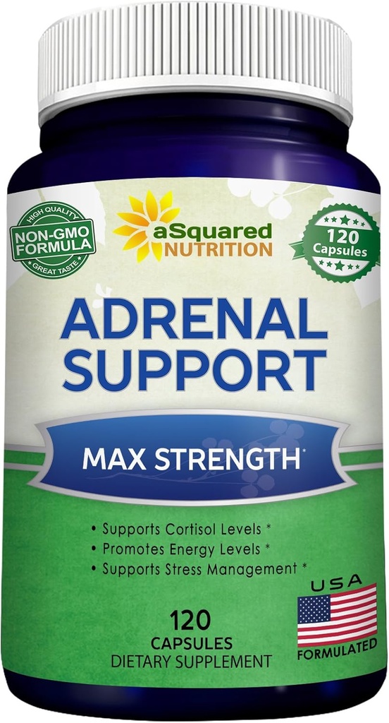 aSquared Nutrition Adrenal Support & Cortisol Manager Supplement (120 kapsler) -Adrenal Health w / vitamin C Complex piller til støtte Træthed & Stress Relief- Ashwagandha, L- Tyrosine, Rhodiola & Ginseng