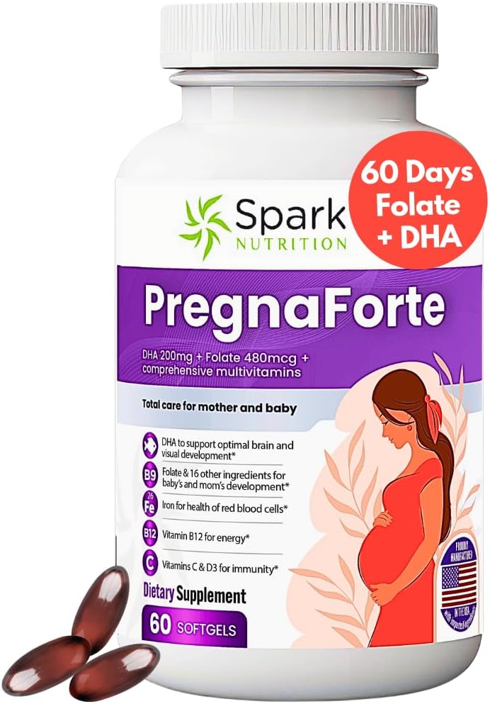 Pregnaforte 1 daglig Prenatale vitaminer til kvinder 2 måneder: Folinsyre, Fish Oil Omega 3 DHA / EPA, D3- vitamin, B6, Vitmain B12, C, E, Calcium, Jern, Magnesium, Zink supplement FSA HSA ygble multivitamin