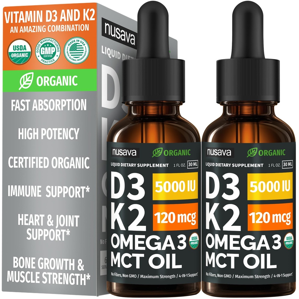 (2 Pack) Organic Vitamin D3 K2 Drops med MCT Oil Omega 3, 5000 IE - Liquid D3, No Fillers, Non- GMO, Immunsupport (Unflavored, 2 Fl Oz)