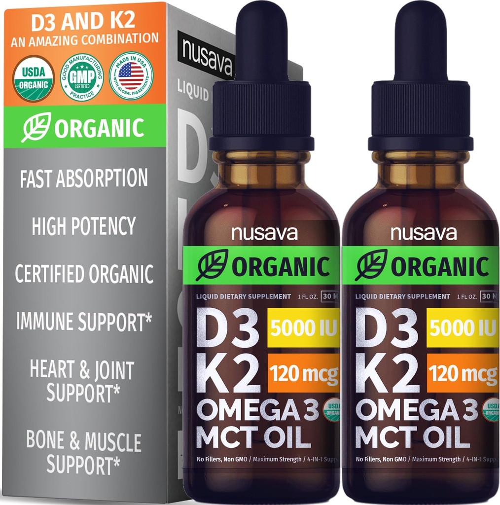 (2 Pack) Organic Vitamin D3 K2 Drops med MCT Oil, Omega 3, 5000 IE - Vitamin D Væske, Ingen Fylder, Non- GMO D3 til Kropsvarme og Hurtigere Absorption, Unflavored, 2 Fl Oz