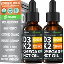 (2 Pack) Organic Vitamin D3 K2 Drops med MCT Oil Omega 3, 5000 IE - Liquid D3, No Fillers, Non- GMO, Immunsupport (Unflavored, 2 Fl Oz)