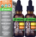 (2 Pack) Organic Vitamin D3 K2 Drops med MCT Oil, Omega 3, 5000 IE - Vitamin D Væske, Ingen Fylder, Non- GMO D3 til Kropsvarme og Hurtigere Absorption, Unflavored, 2 Fl Oz
