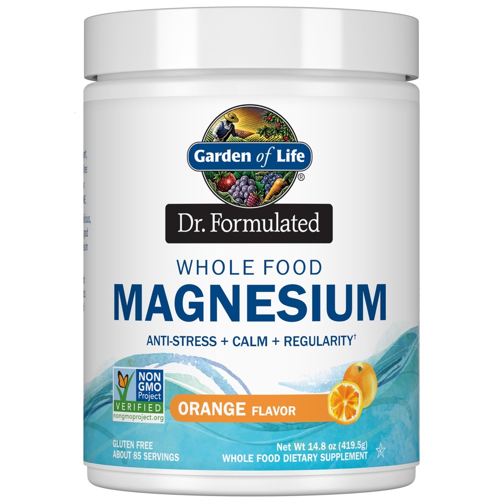 Garden of Life Dr. Formulated Whole Food Magnesium Complex Powder with Probiotics – Stress & Sleep Support, Non-GMO, Gluten-Free, Vegan, Orange Flavor, 85 Servings