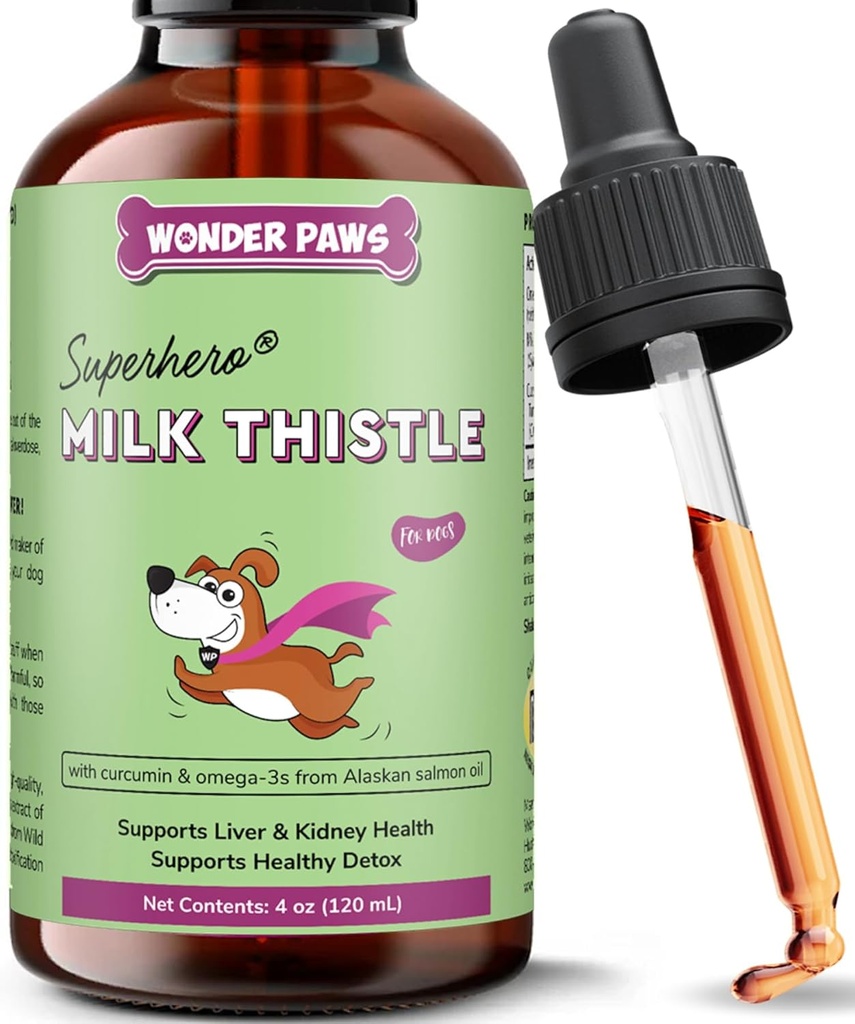 Wonder Paws Milk Thistle, Leverstøtte til hunde, Understøtter Nyrefunktion for Kæledyr, Detox, Leverstøtte, med Wild Alaska Salmon Oil & Curcumin, Omega 3 EPA & DHA (4 Oz)