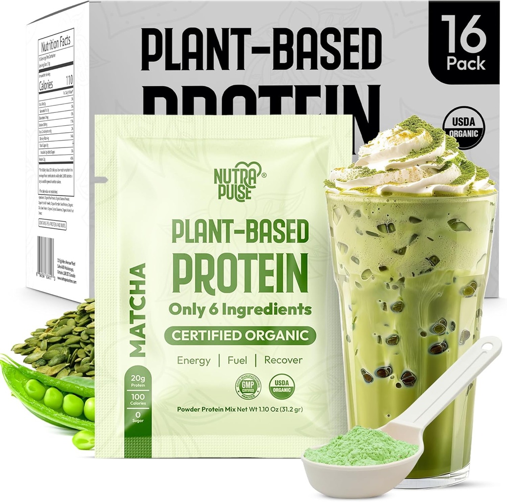 Matcha Vegan Protein Powder Pack - 20g Organic Plant- Based Protein - Non-GMO, Gluten- Free, Soy- Free - Smoothie & Shake Ready - Nem at hive - 16 Single Serveringer - Prøv alle 16!