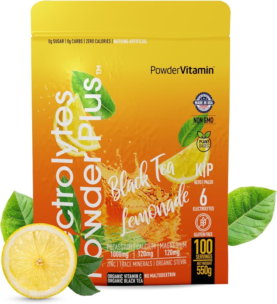 PowderVitamin Electrolytes Powder Plus (100 Servere) Black Tea Lemonade Electrolyte Powder Zero Calorie Keto, 0 Sugar, No Maltodextrin, 1000mg Kalium, 120mg Calcium, 120mg Magnesium, Hydrationspulver