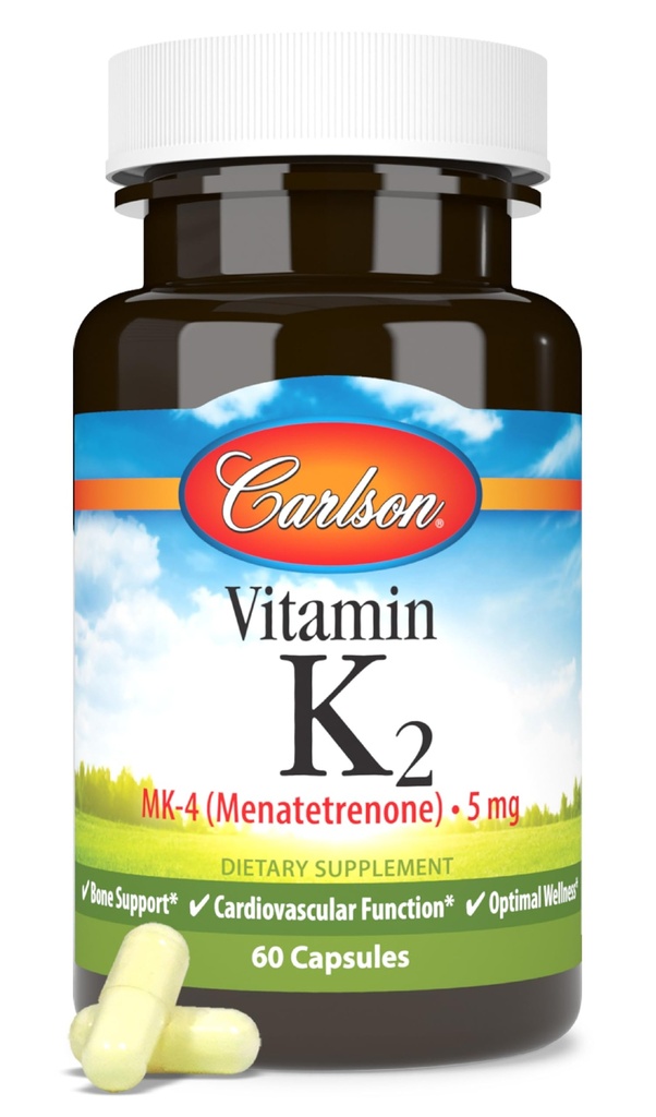 Carlson - Vitamin K2, MK-4 (Menatetrenon), Vitamin K tillæg, Knogler & Heart Health, K2 Vitamin, Soy- fri, 60 kapsler
