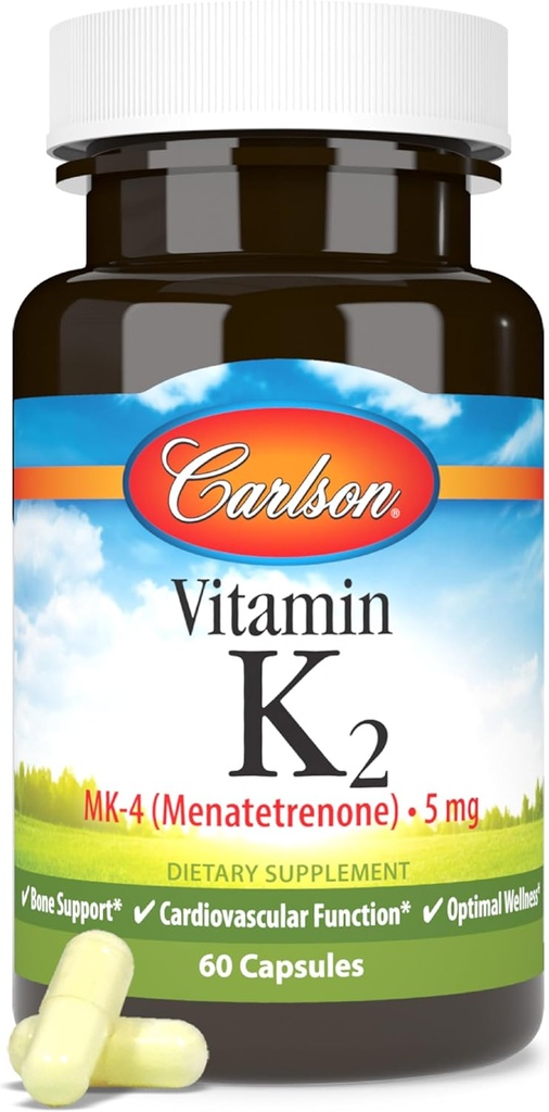 Carlson - Vitamin K2, MK-4 (Menatetrenon), Vitamin K tillæg, Knogler & Heart Health, K2 Vitamin, Soy- fri, 60 kapsler
