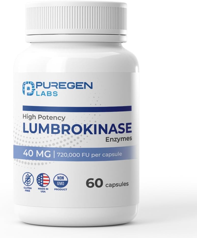 Puregen Labs Lumbrokinase 40mg per kapsel High Potency Supplement: 124; High Activity Lumbrokinase Enzymes: 124; No Farlig Additiver: 124; Non- Gmo: 124; Gluten Free Memories: 124; Made in USA - 60 Vegetar Capsules: