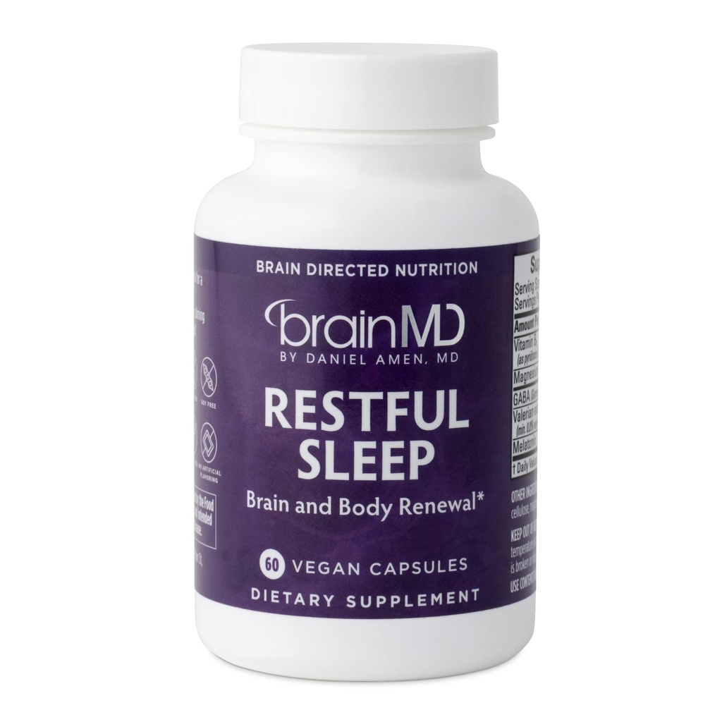 Dr. Amen brainMD Restaured Sleep - 60 kapsler - fremmer afspænding og ro, indeholder Melatonin, Valerian, GABA & Magnesium, ikke-Habit Danning - Gluten- Free - 15 Serveringer