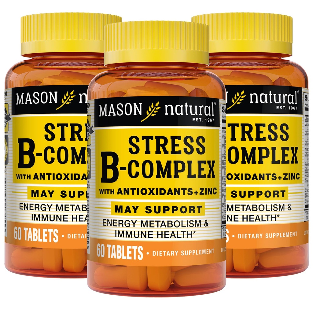 MASON NATURAL Stress B, Kompleks med antioxidanter + zink, 6 Måned Supply, Dual Action Formel, Understøtter energi Metabolisme og immunforsvar, 3 Pack
